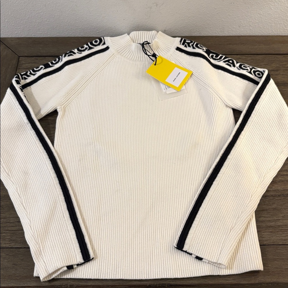 NWT [Marc Jacobs] Knitlogo Ribbed Sweater Stand-Up Collar White/Black Youth 12 - Picture 4 of 14